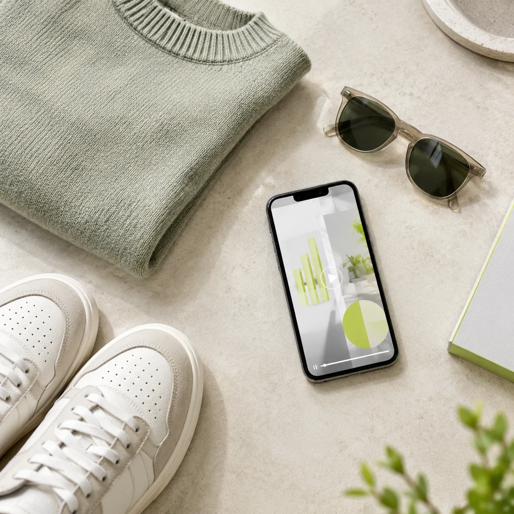 Fashion flat lay beside a smartphone showing a vertical video ad