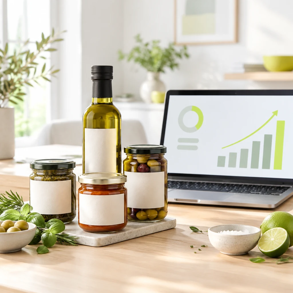 Specialty food products on a counter with a laptop showing a rising campaign chart