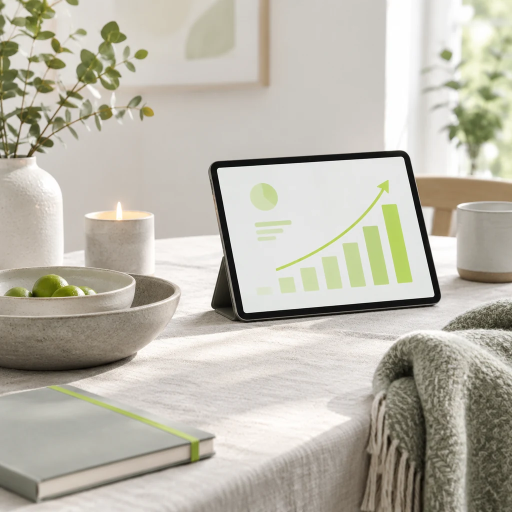 Homeware still life with a tablet showing an upward revenue chart