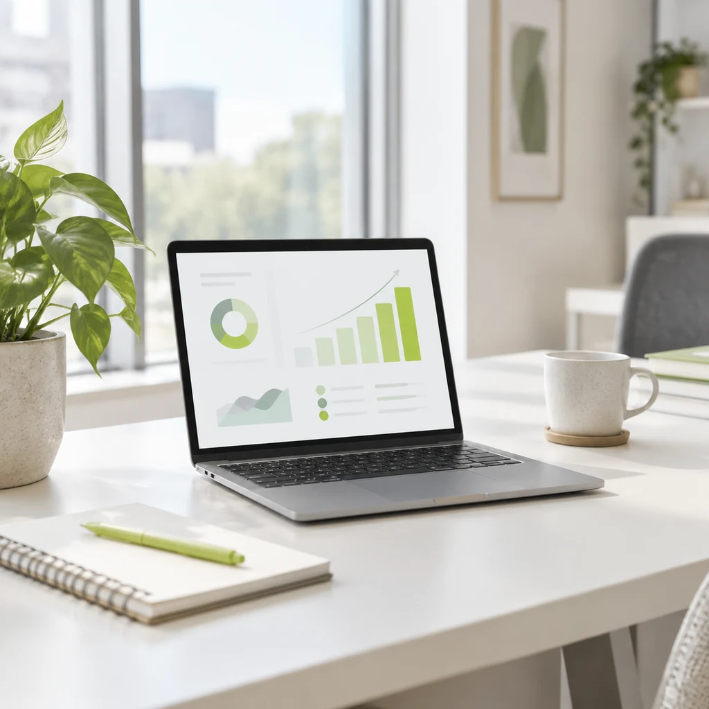 Office desk with a laptop showing a lead generation dashboard