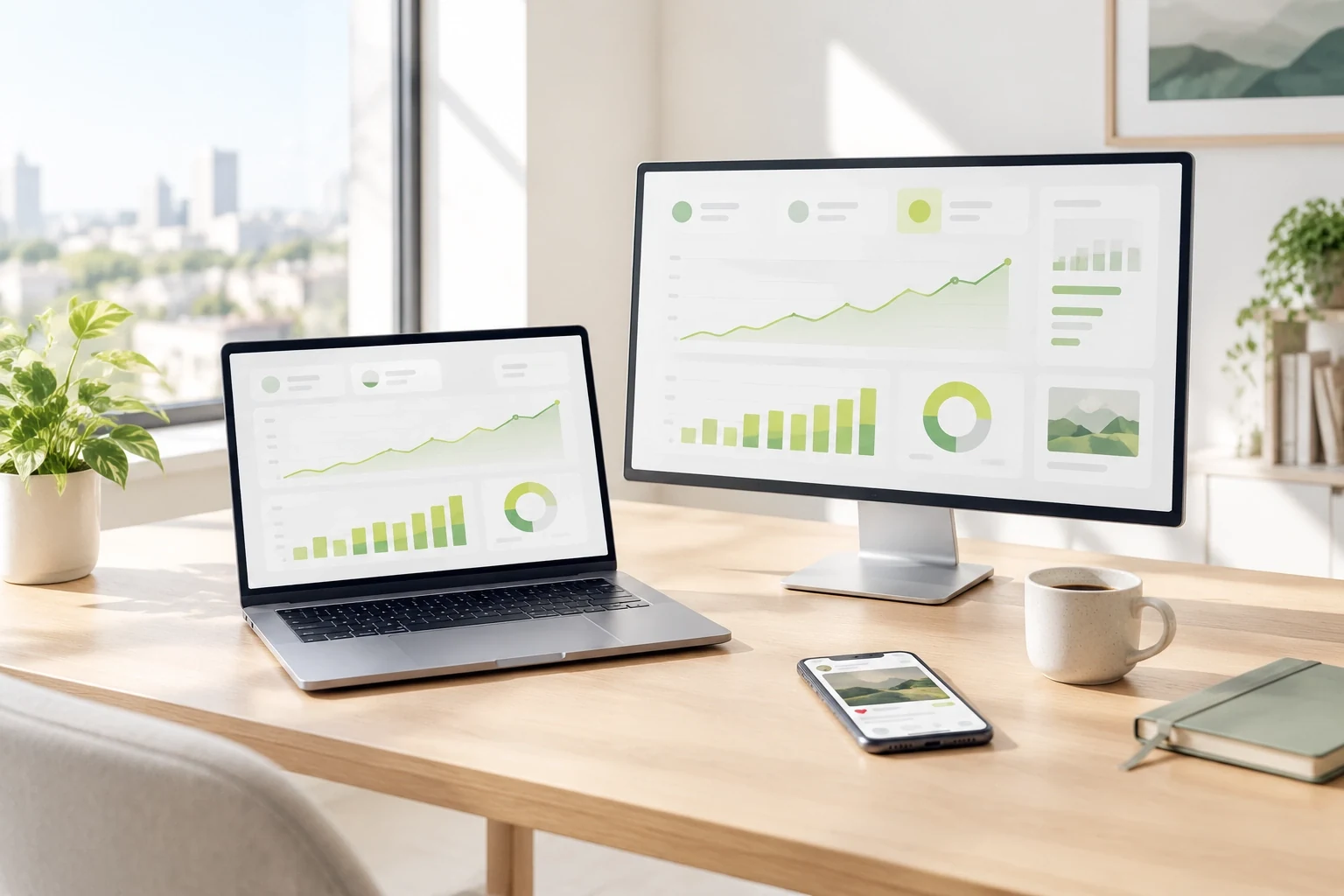 Bright marketing desk with an advertising analytics dashboard showing rising charts on a laptop and monitor