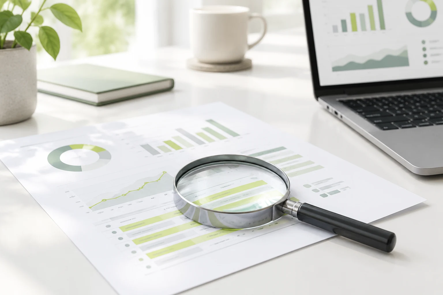 Magnifying glass over a printed advertising account report