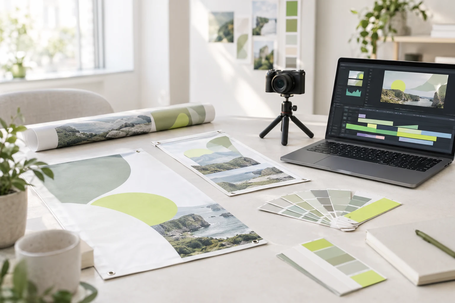 Creative production table with printed banner mock-ups and a small camera