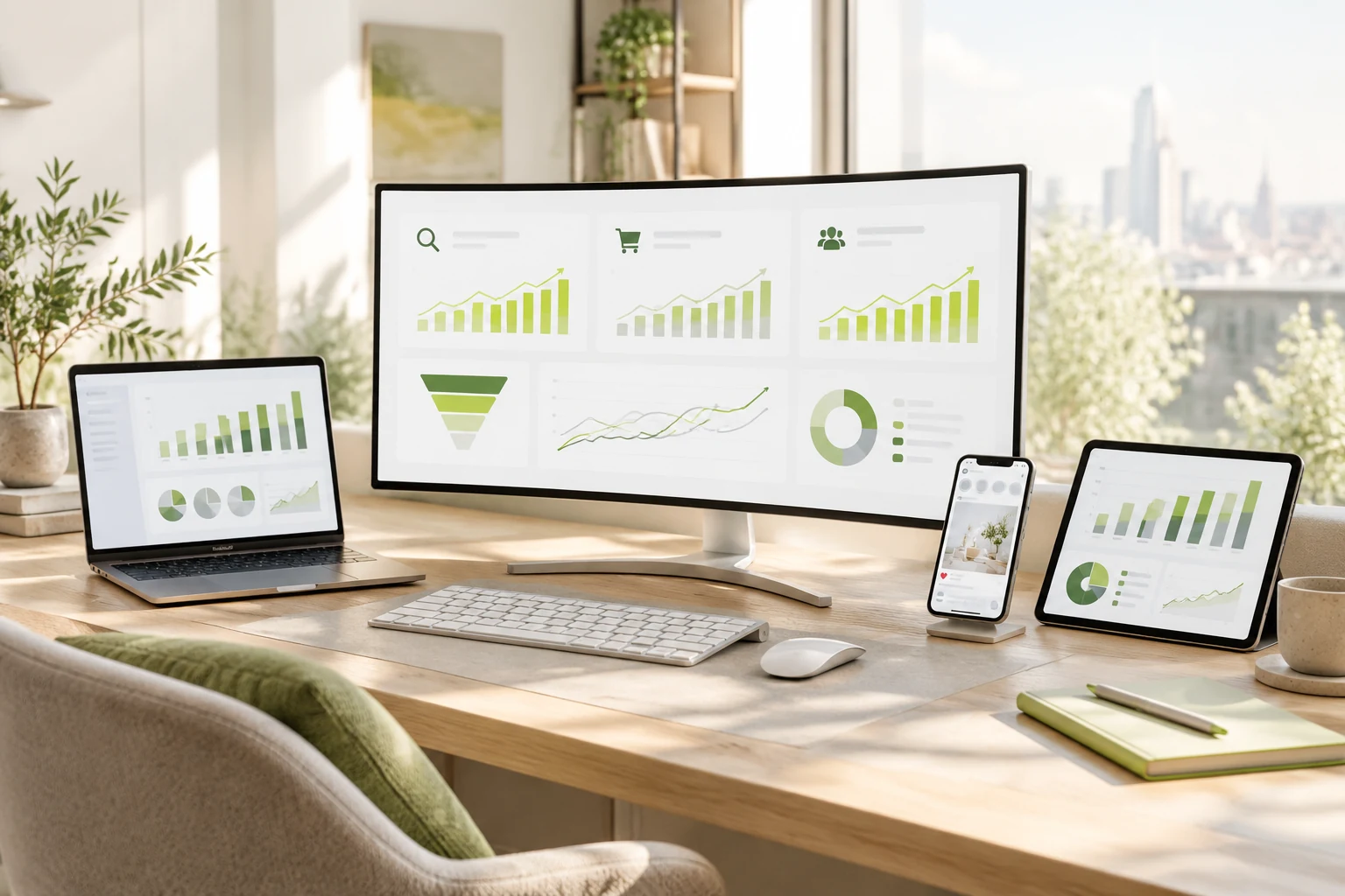 Wide workspace with a curved monitor showing a full-funnel advertising dashboard trending upward
