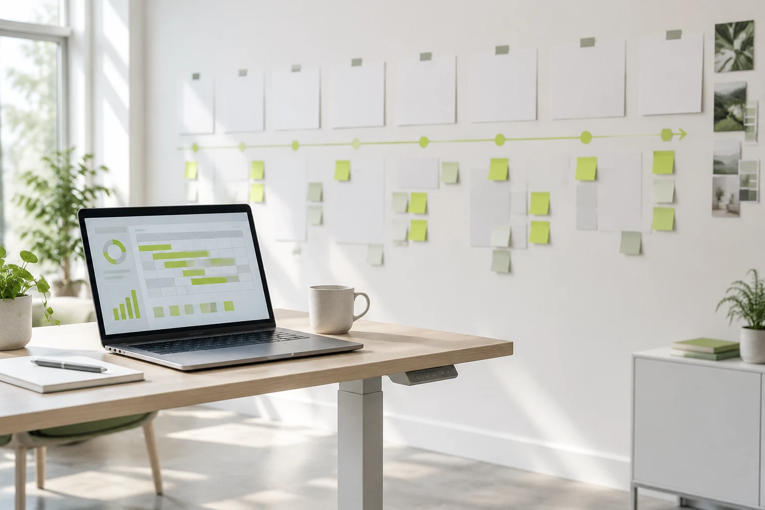 Planning wall with a timeline of cards beside a laptop showing a media plan