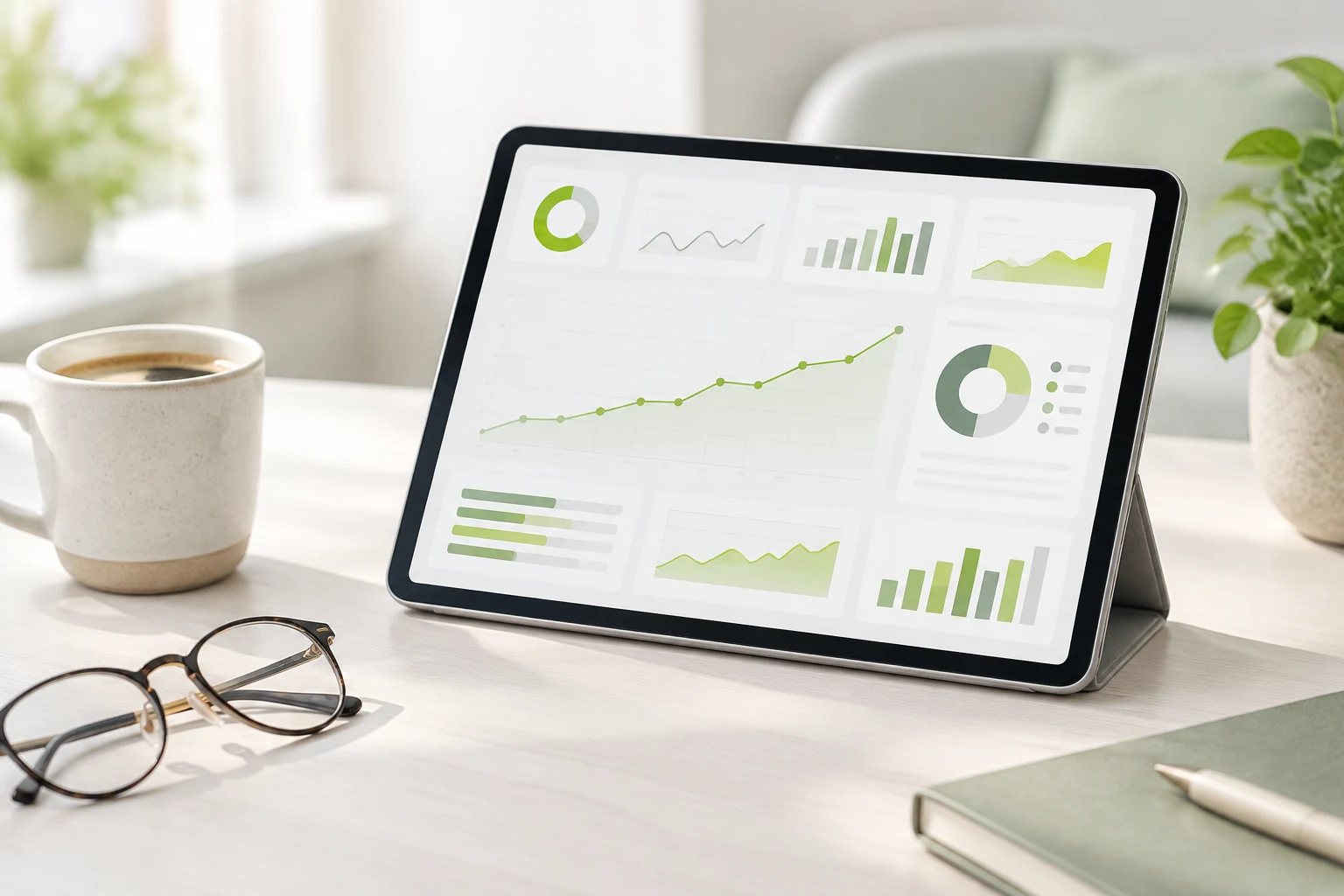 Tablet showing a reporting dashboard with KPI tiles and a rising chart