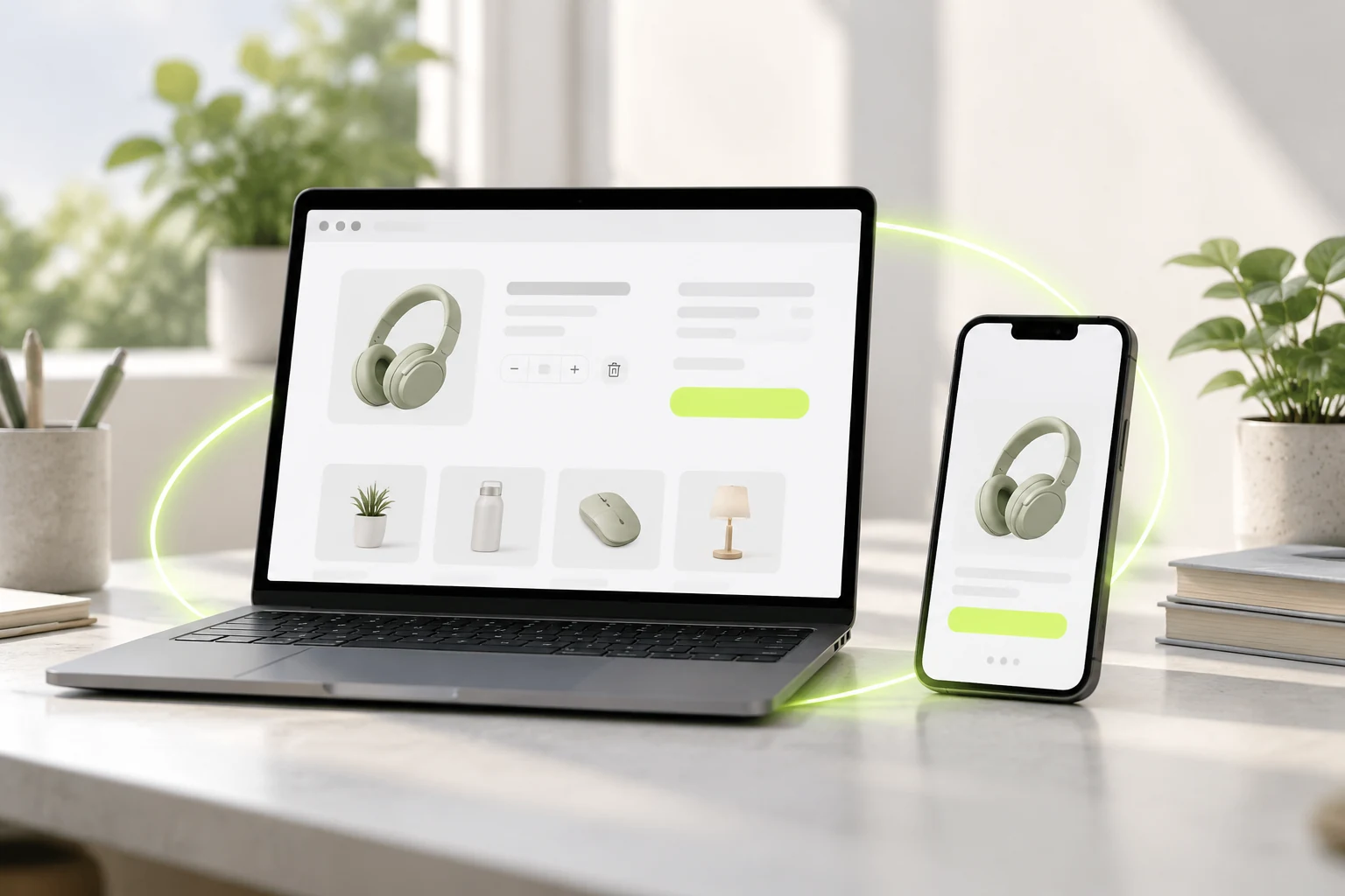 Laptop basket page next to a phone showing the same product as a reminder ad