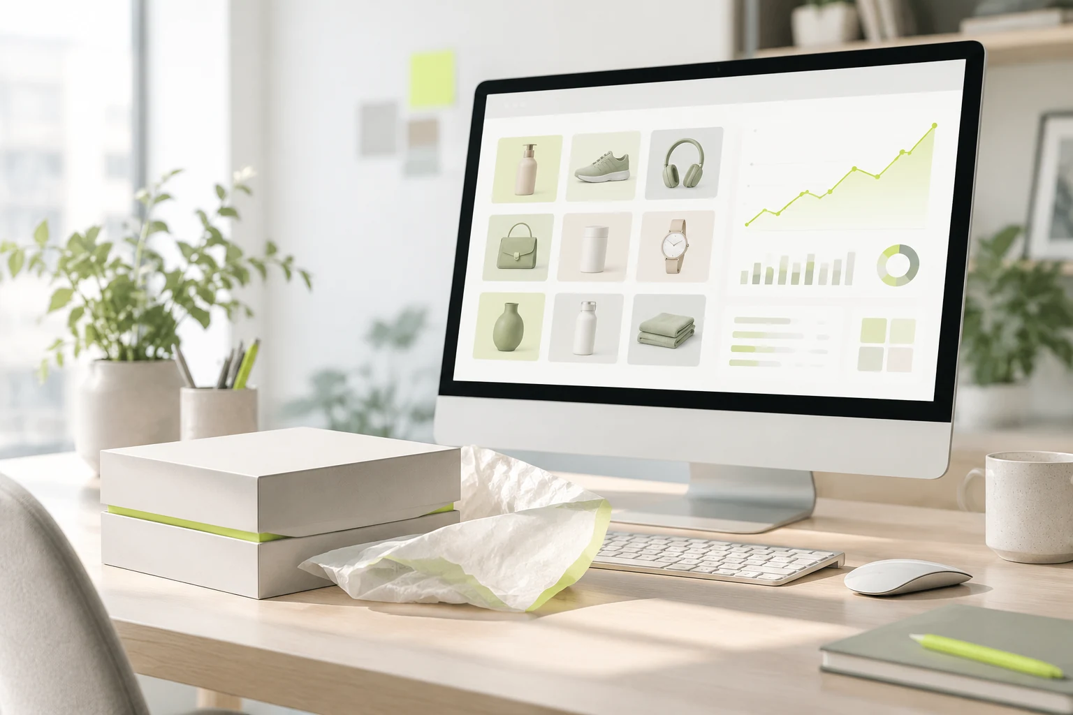 Monitor with a product feed grid and a rising performance line