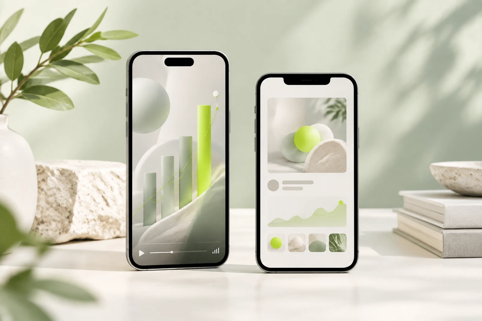 Two smartphones showing a vertical video ad and a square feed ad