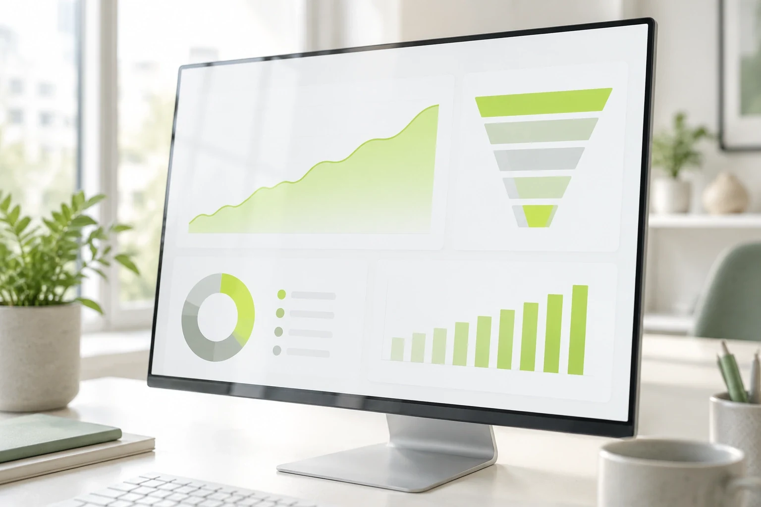 Monitor with an analytics dashboard showing a rising area chart and funnel