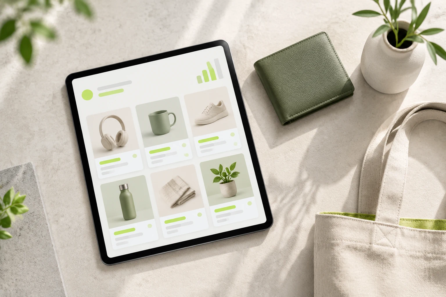 Tablet showing a grid of product ads next to neatly arranged products